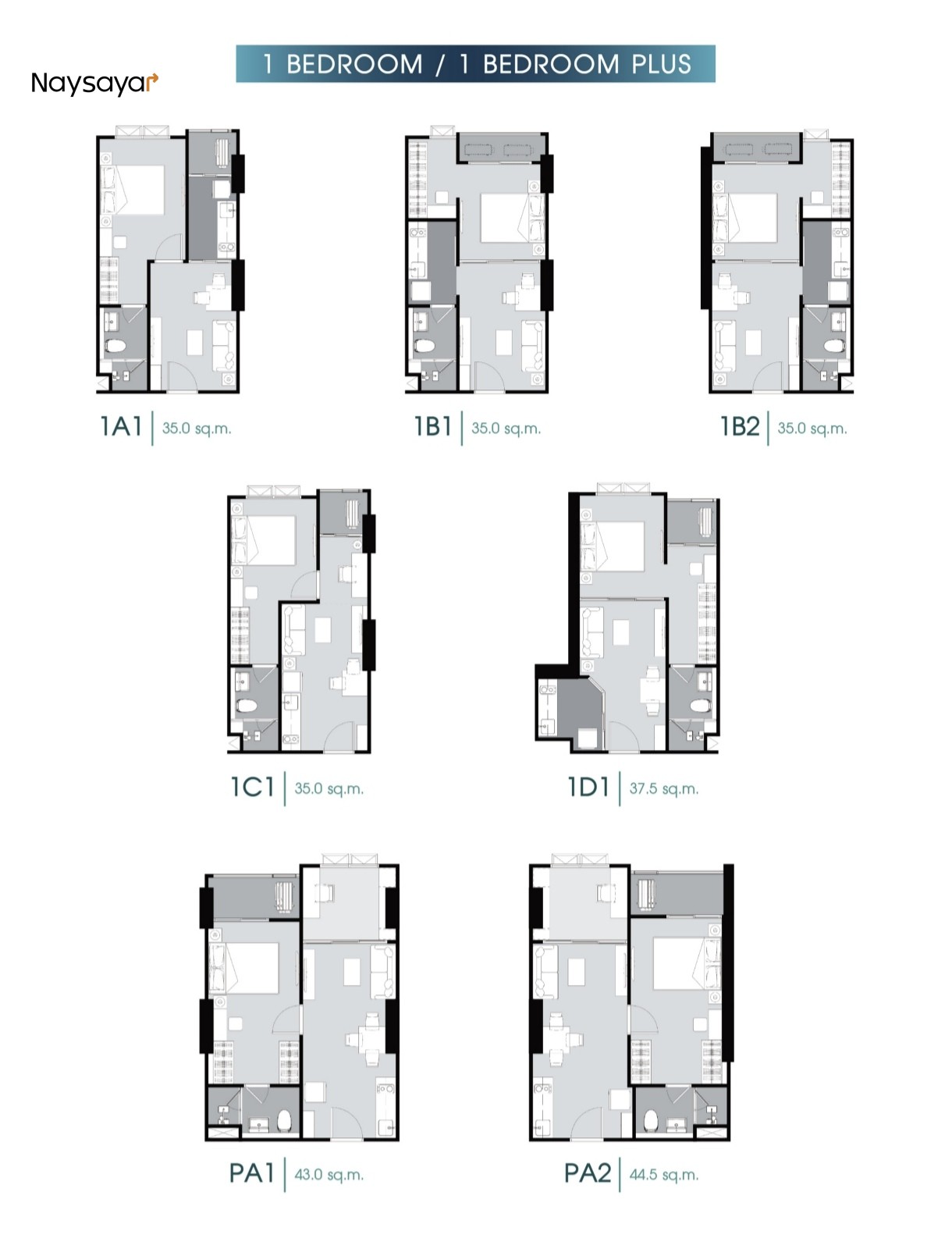 1 1 Bedroom, 1 Bathroom, 35.00 - 37.50 sqm