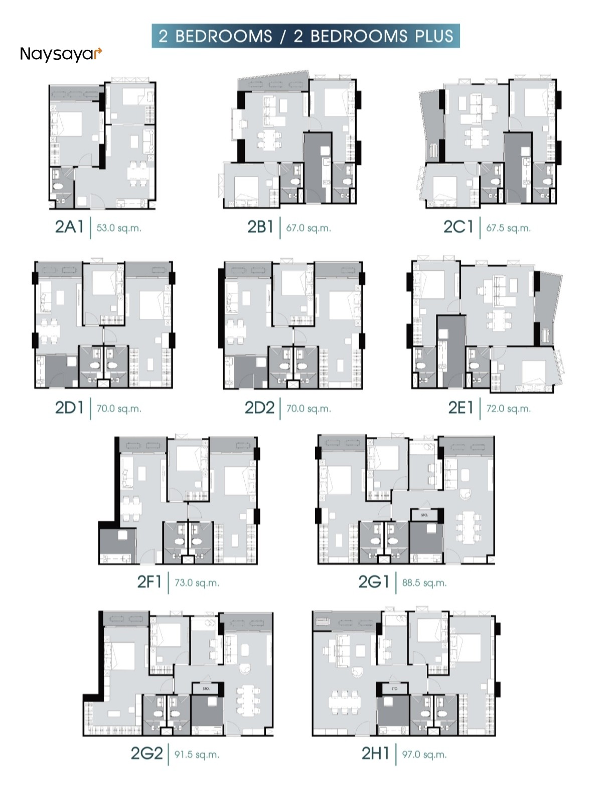 2 Bedrooms, 2 Bathroom, 53.00 - 97.00 sqm
